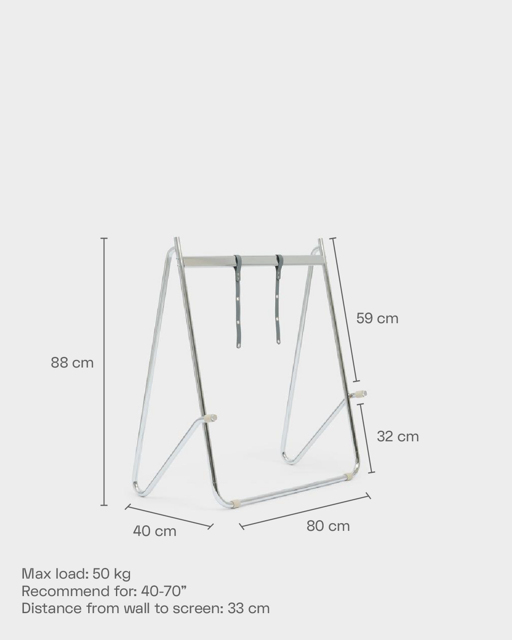 Bloom in Powder Blue (Stands Low) studio packshot met maatvoering: 88 cm hoog, 80 cm breed, 40 cm diep, max. 50 kg