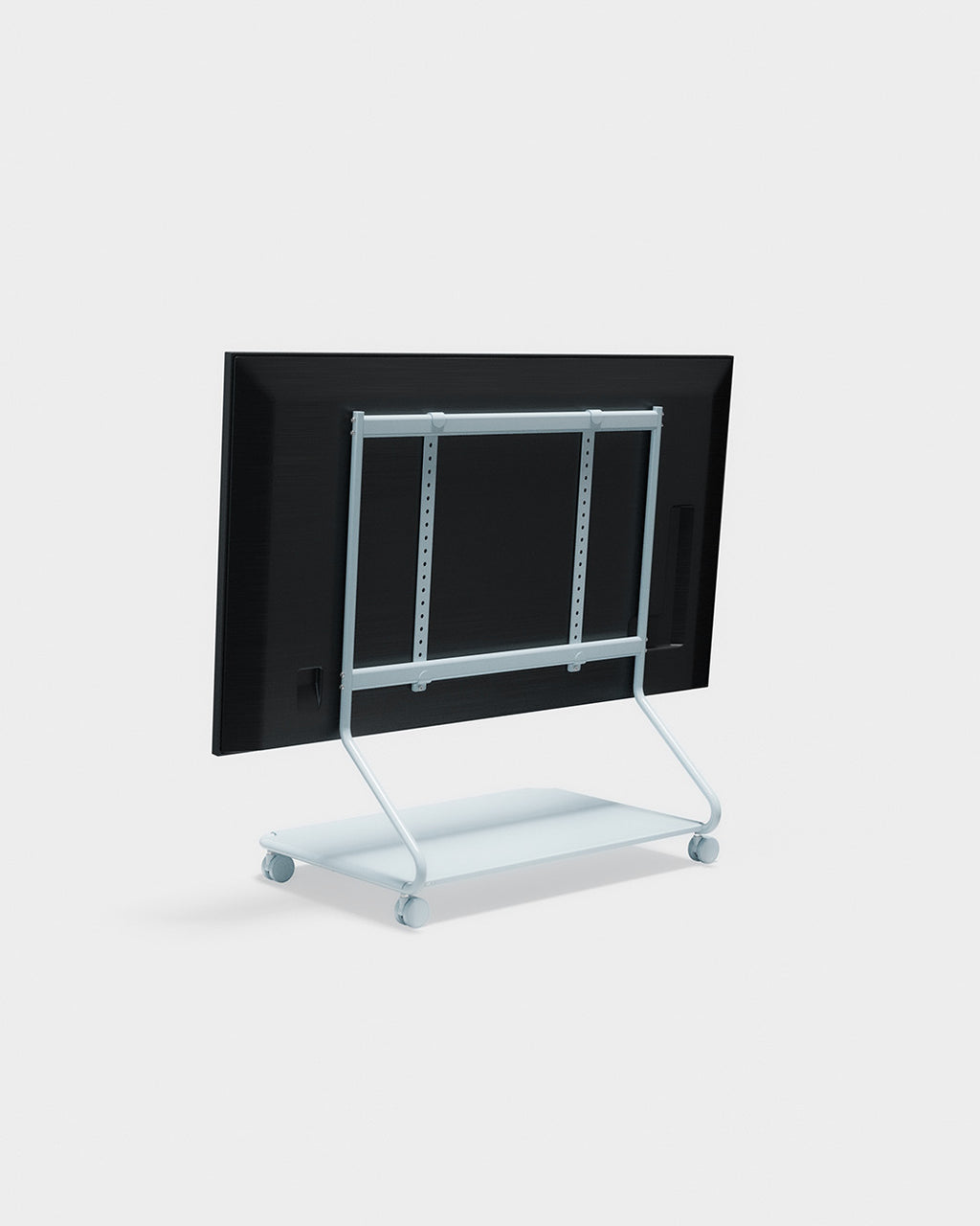 Disco in Powder Blue achterzijde met gemonteerde tv, wielen en onderlegplank, studiopackshot vanuit schuine hoek