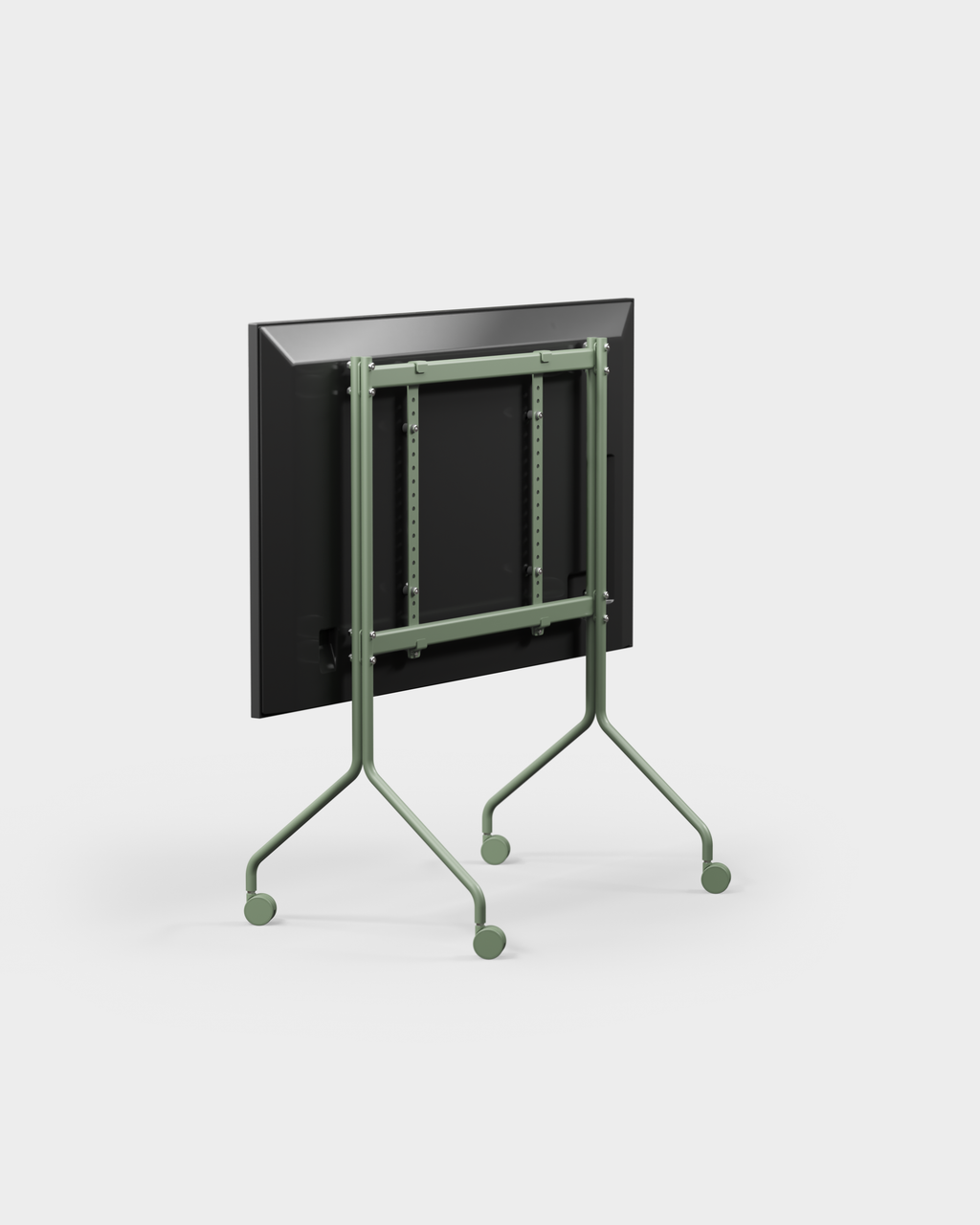 Moon in Mossy Green achterzijde met VESA-montageframe en wielen, studiofoto van tv-standaard schuin van achteren