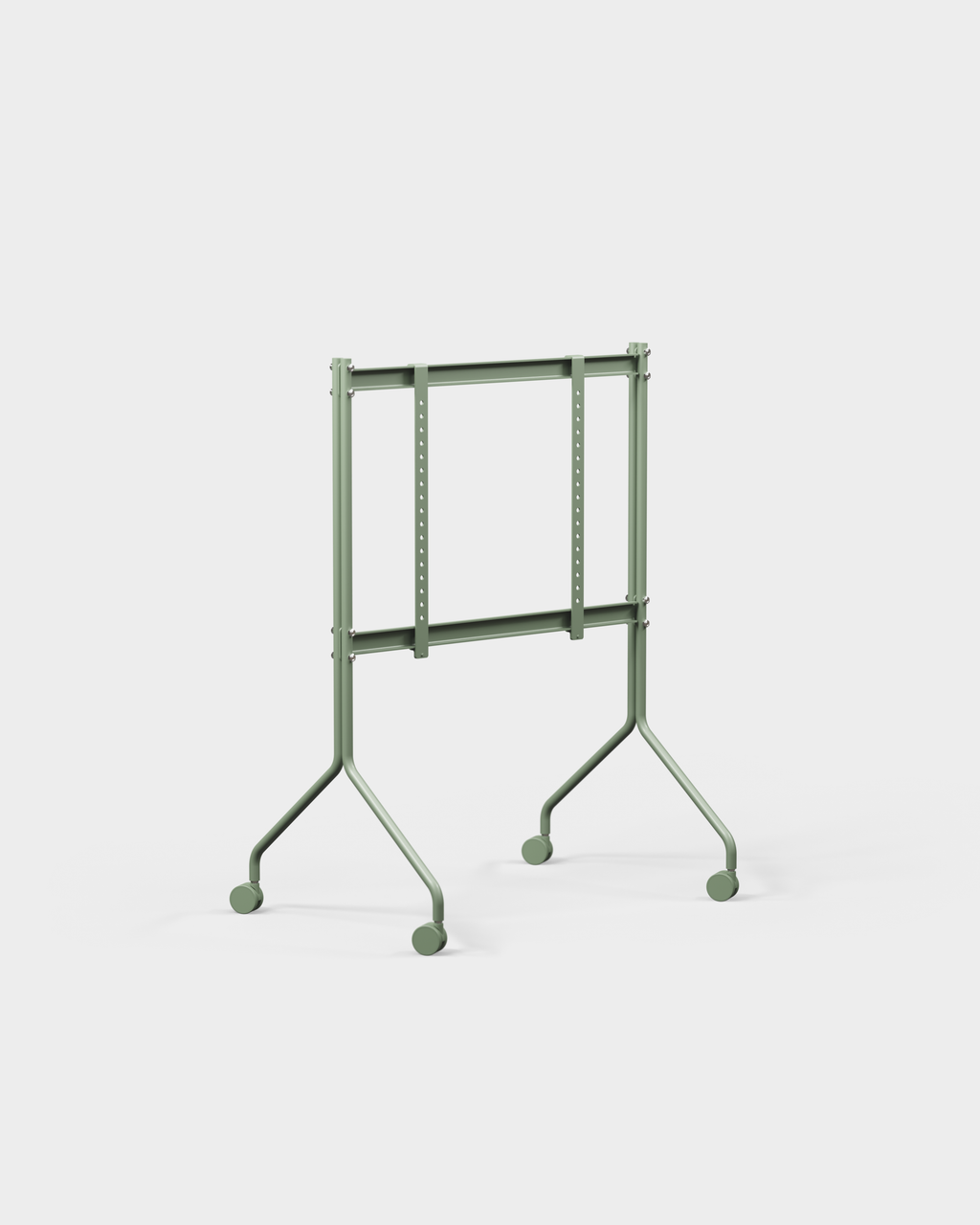 Moon in Mossy Green tv-standaard op wielen, schuin zijaanzicht in studio, verstelbare montagerails zichtbaar