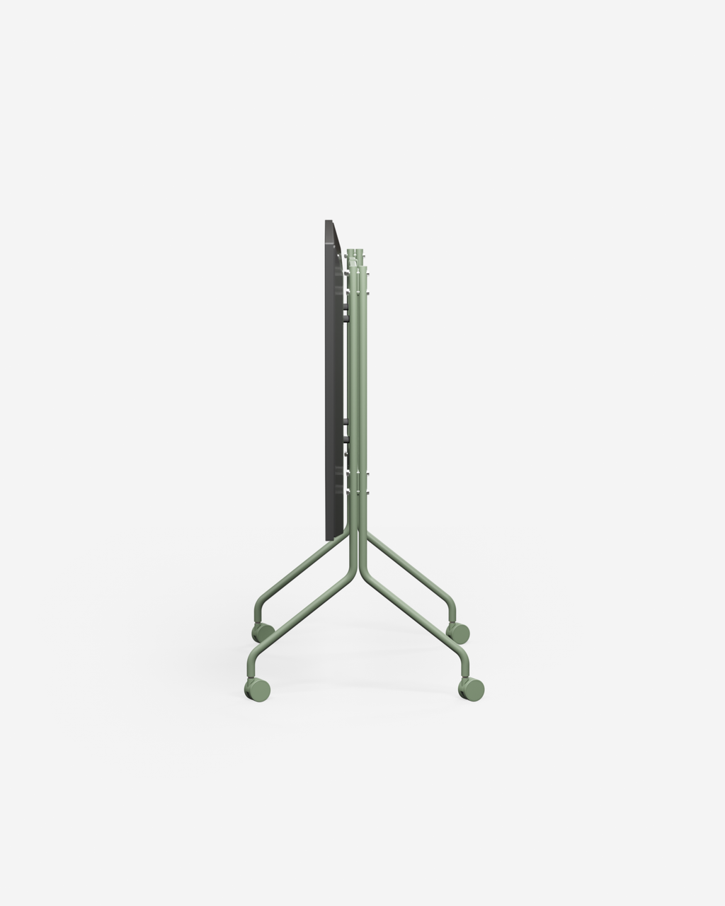 Moon in Mossy Green standaard met wielen, ingeklapt en zijaanzicht in studio, tv-beugel plat tegen de buis