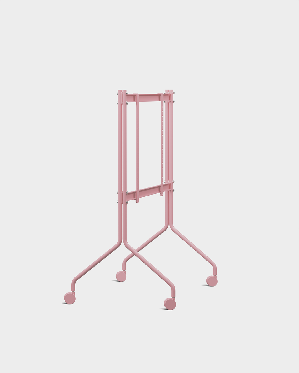 Achteraanzicht van de Moon tv-standaard in Bubble Gum roze op wielen met gemonteerde flatscreen, studio-packshot