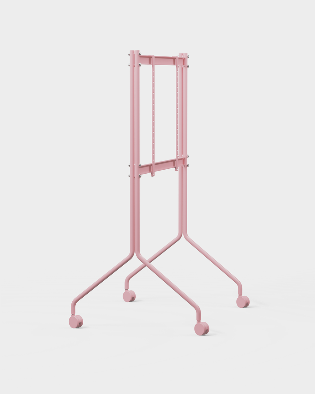 Moon Tall tv-standaard in Bubble Gum-roze, schuin studioaanzicht met gemonteerde flatscreen-tv en zwenkwielen