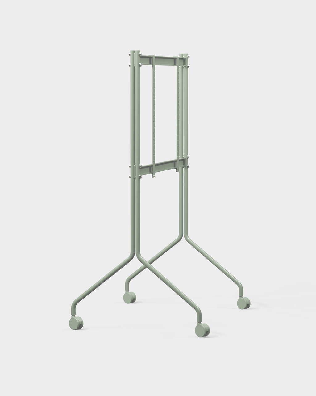 Moon Tall tv-standaard in Mossy Green schuin in de studio, met flatscreen-tv op slanke poten met wielen