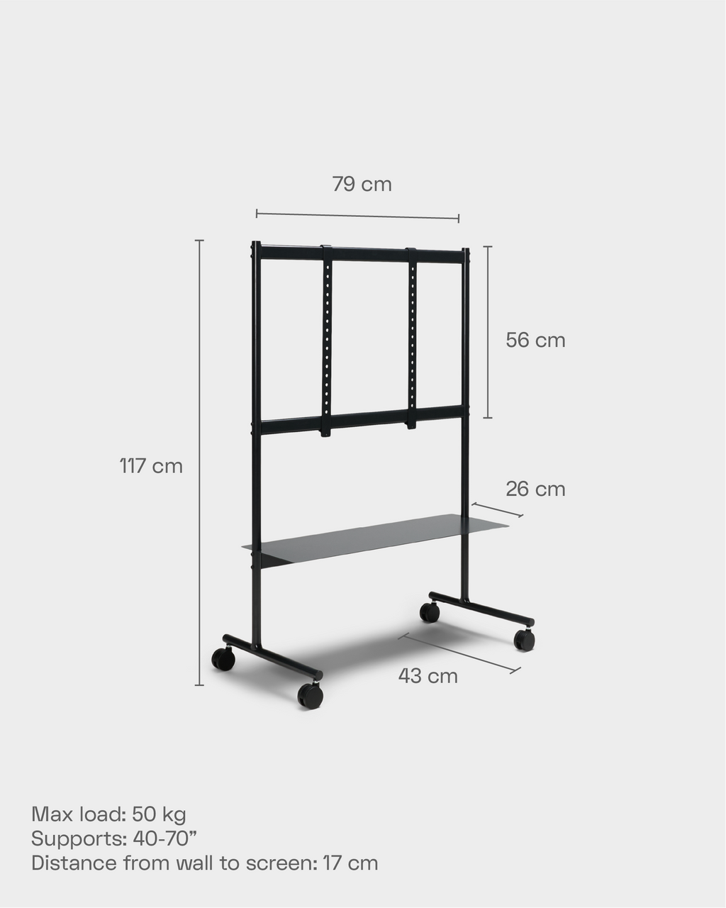 Technische maattekening van Rover in Powder Blue met afmetingen 79 x 117 cm, wielen, schap en maximale belasting